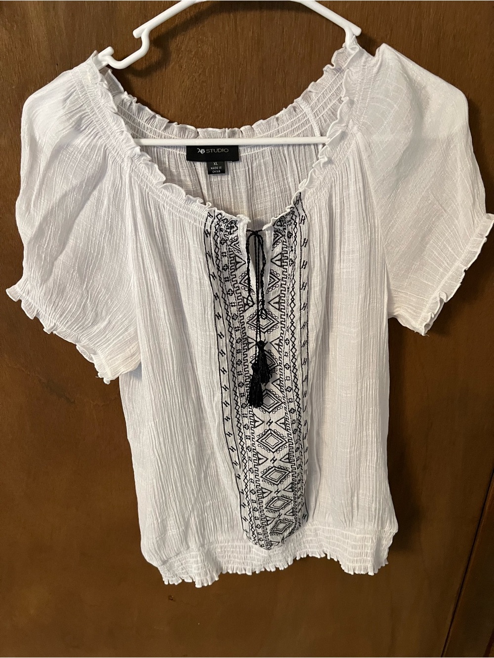 AB Studio White Peasant Blouse with Black Embroidered Panel